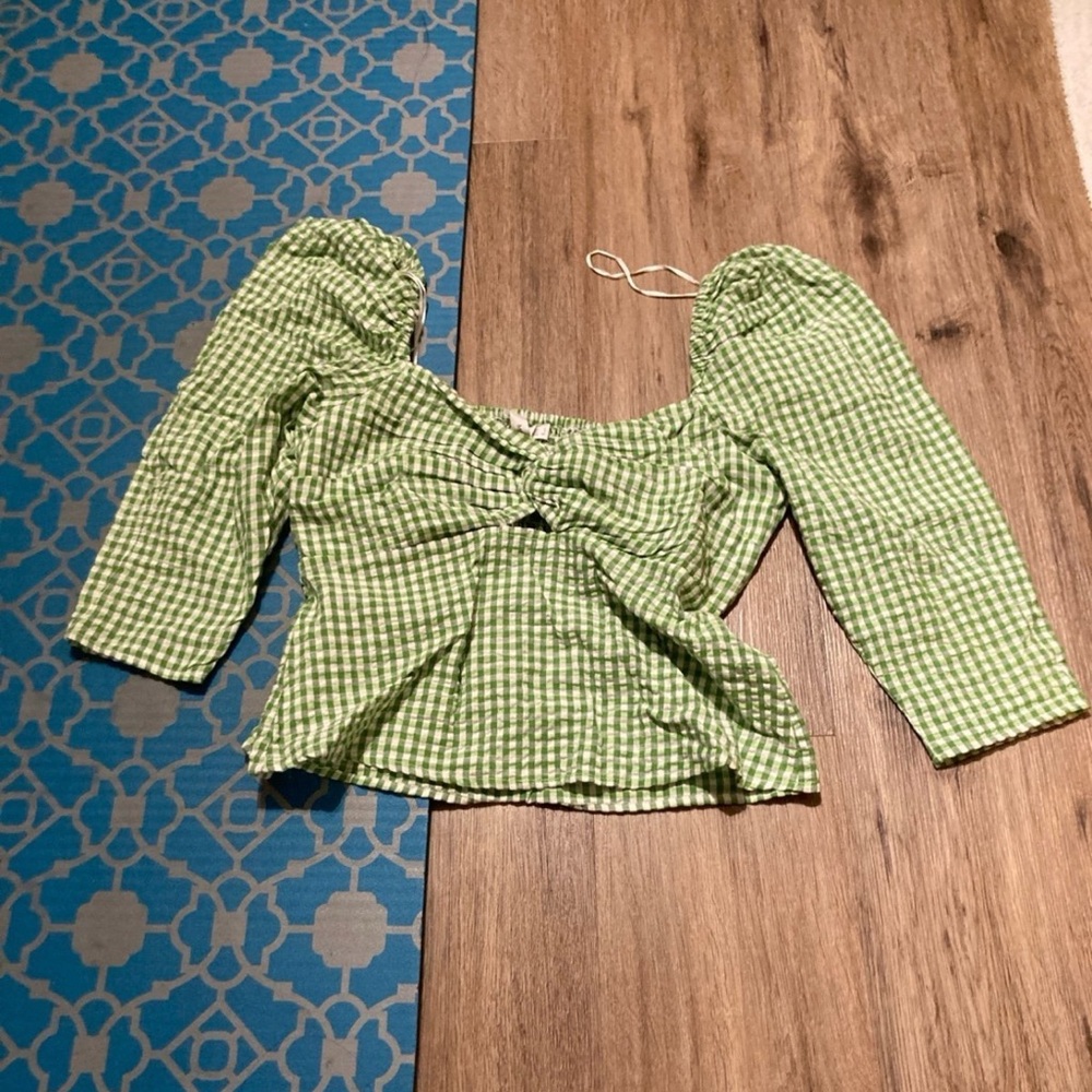 green gingham top
